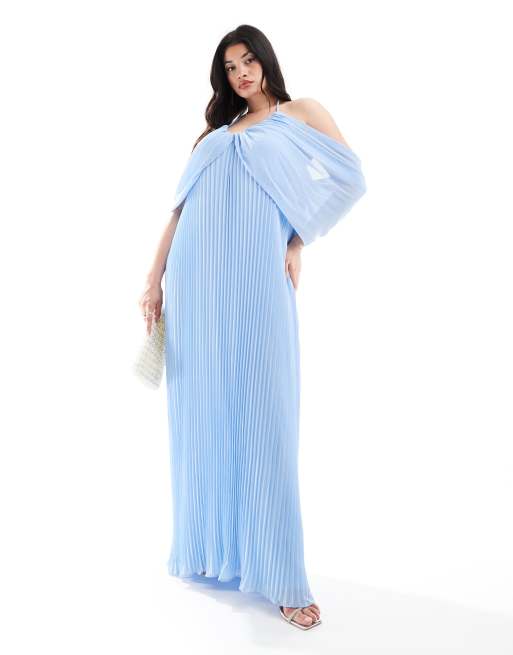 TFNC Plus - Bruidsmeisjes - Geplooide maxi jurk van chiffon met blote schouders in poederblauw