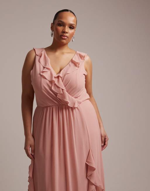 TFNC Plus - Bruidsmeisjes - Selena - Maxi jurk van chiffon met V-hals en ruches in roze, 2 van 5