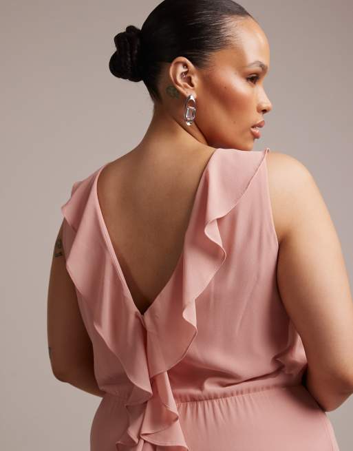 TFNC Plus - Bruidsmeisjes - Selena - Maxi jurk van chiffon met V-hals en ruches in roze, 3 van 5