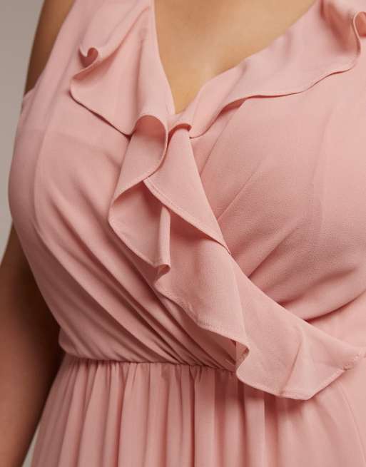 TFNC Plus - Bruidsmeisjes - Selena - Maxi jurk van chiffon met V-hals en ruches in roze, 4 van 5