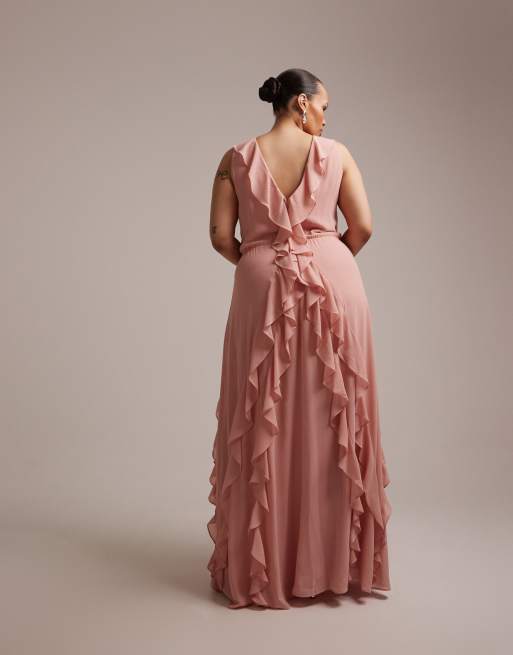 TFNC Plus - Bruidsmeisjes - Selena - Maxi jurk van chiffon met V-hals en ruches in roze, 5 van 5