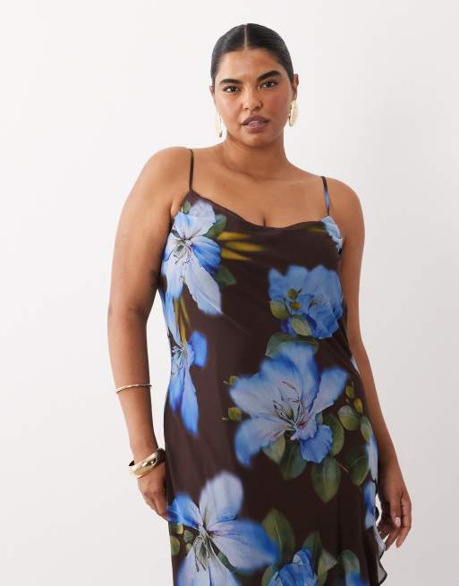 TFNC Plus chiffon cami drape back maxi dress in black floral print, 2 of 4