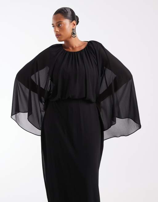 TFNC Plus chiffon cape detail maxi dress in black, 2 of 4