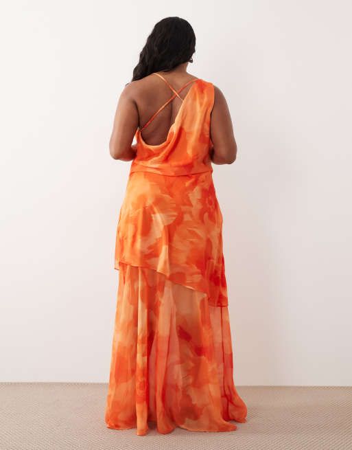 TFNC Plus chiffon cowl neck maxi dress in orange floral print, 4 of 4