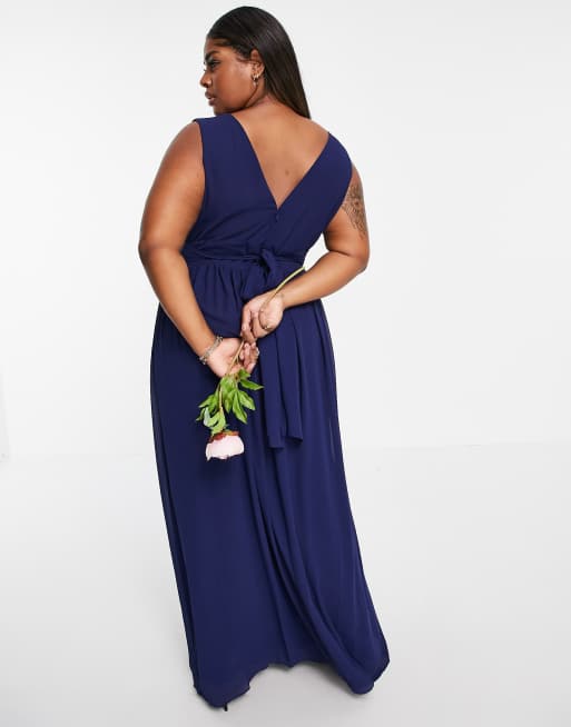 TFNC Plus - Chiffon jurk voor bruidsmeisjes met top met overslag in marineblauw, 2 van 4