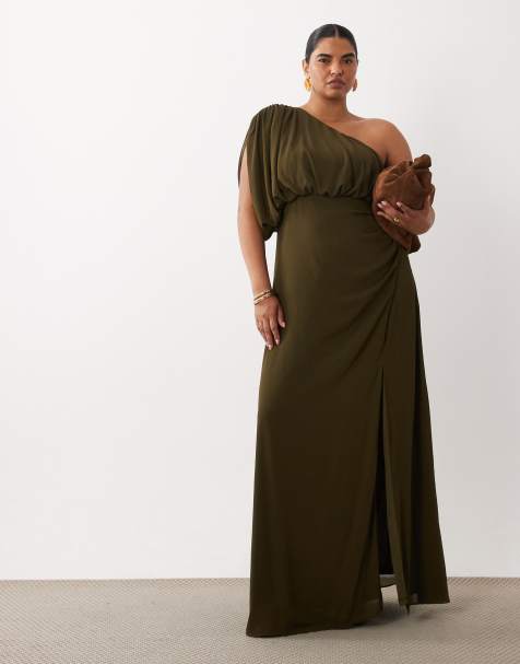 TFNC Plus chiffon one shoulder thigh high split draped maxi dress in olive - view 1