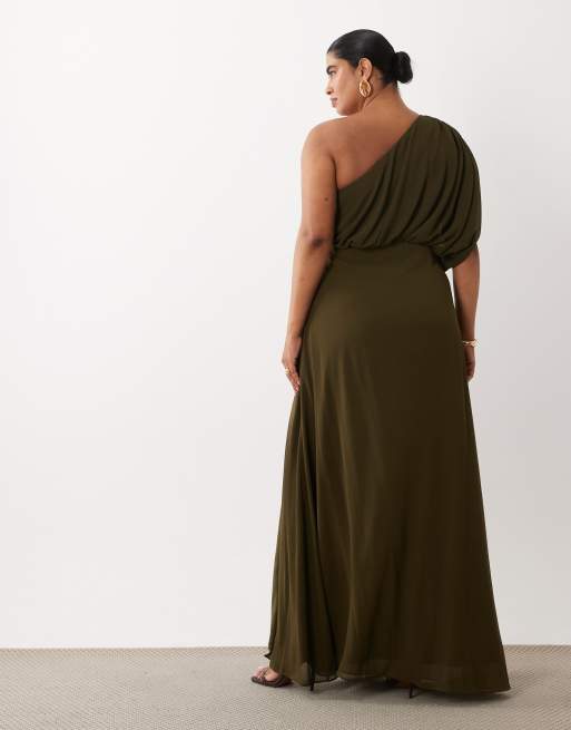 TFNC Plus chiffon one shoulder thigh high split draped maxi dress in olive, 3 of 4