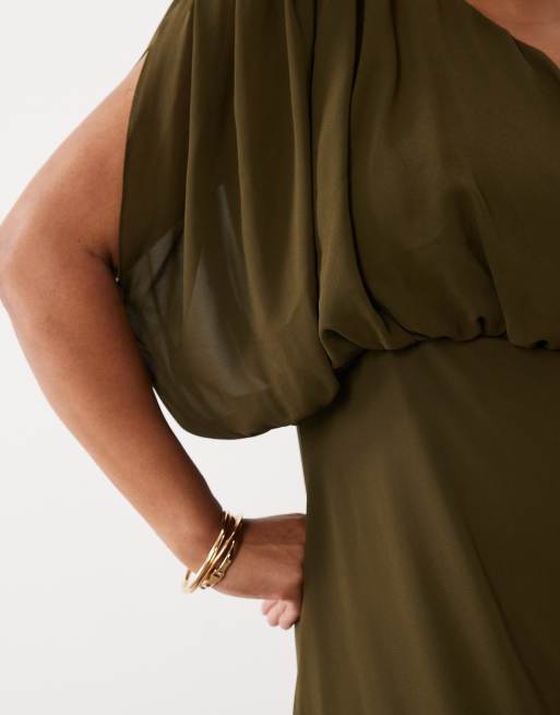 TFNC Plus chiffon one shoulder thigh high split draped maxi dress in olive, 4 of 4