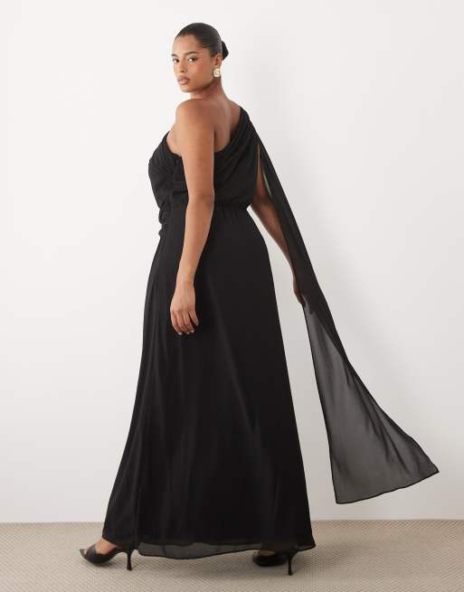 TFNC Plus chiffon one shoulder twist talje draperet maxikjole i sort, 2 af 4