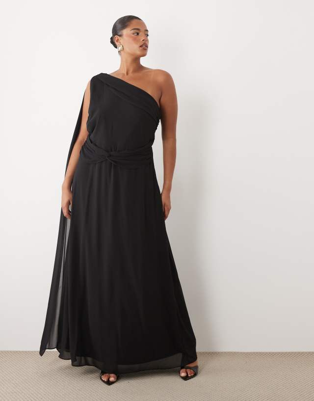 TFNC Plus chiffon one shoulder twist waist draped maxi dress in black