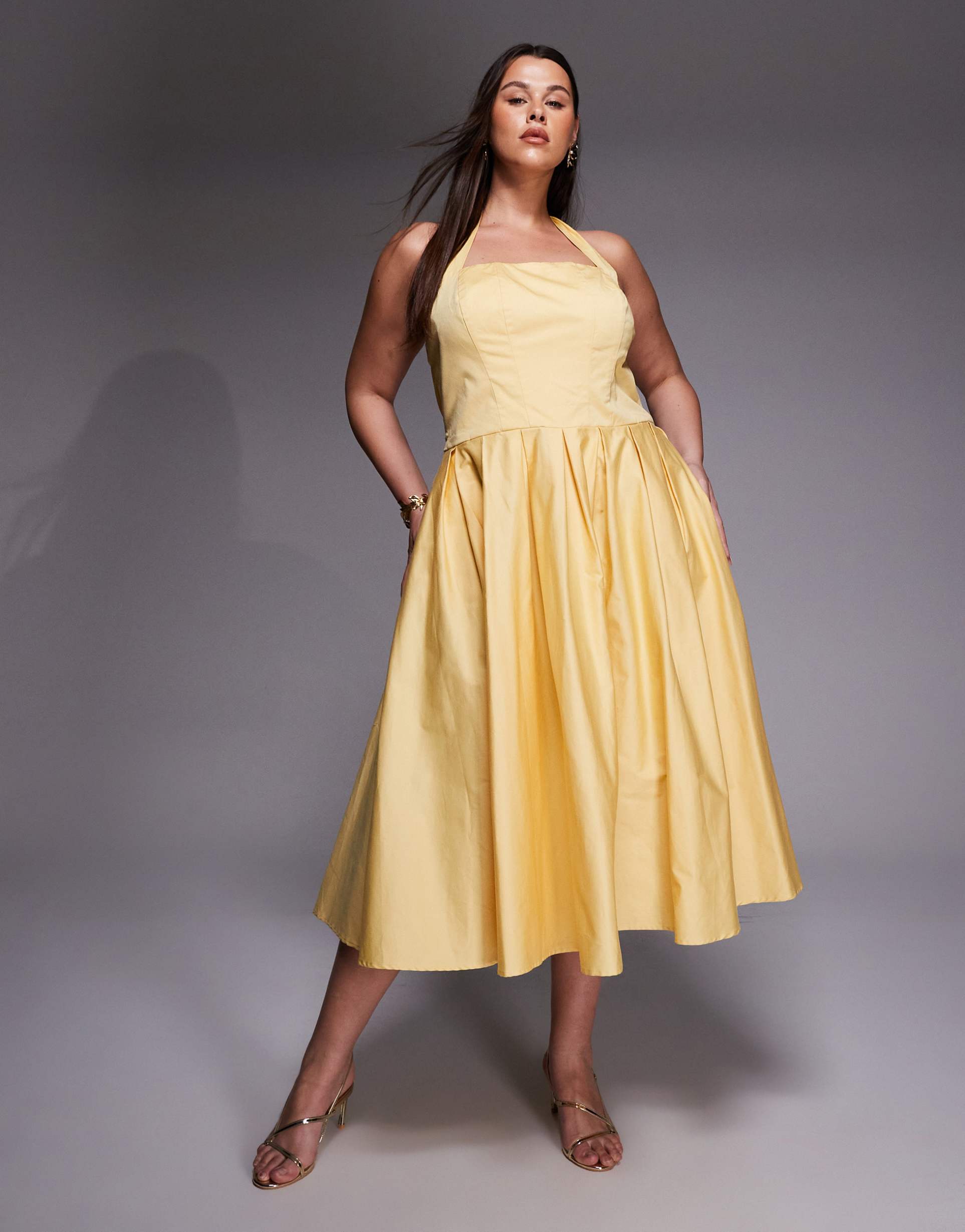 tfnc plus cotton blend halter neck skater midi dress in yellow