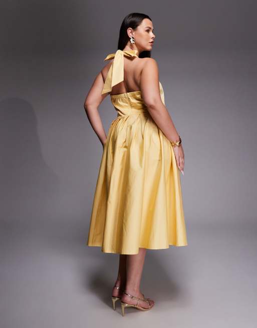 TFNC Plus cotton halter neck skater midi dress in yellow, 2 of 4