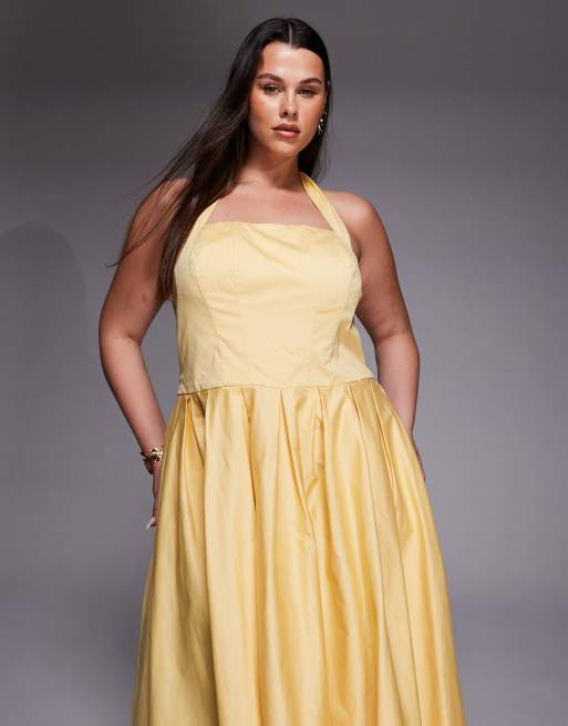 TFNC Plus cotton halter neck skater midi dress in yellow, 3 of 4