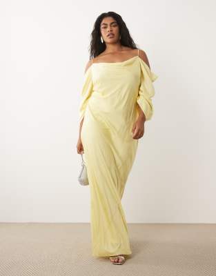Tfnc Plus Cowl Cold Shoulder Maxi Dress With Ruched Sleeves In Yellow