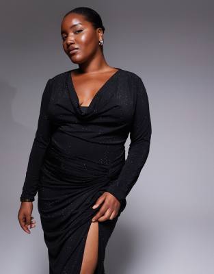 Tfnc Plus Cowl Neck Embelished Maxi Dress With Thigh Split In Black