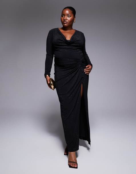 TFNC Plus cowl neck embellished maxi dress with thigh split in black - view 1