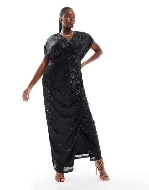 TFNC Plus sequin wrap maxi dress in black