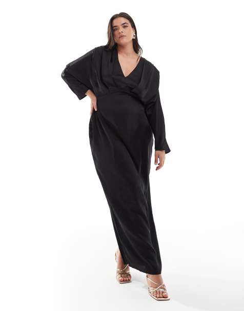 TFNC Plus satin kimono top maxi dress in black