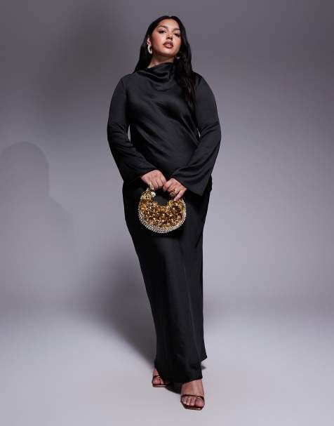 TFNC Plus high neck long sleeve midi dress in black