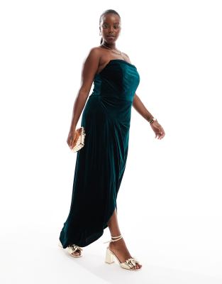 draped corset velvet maxi dress in emerald green