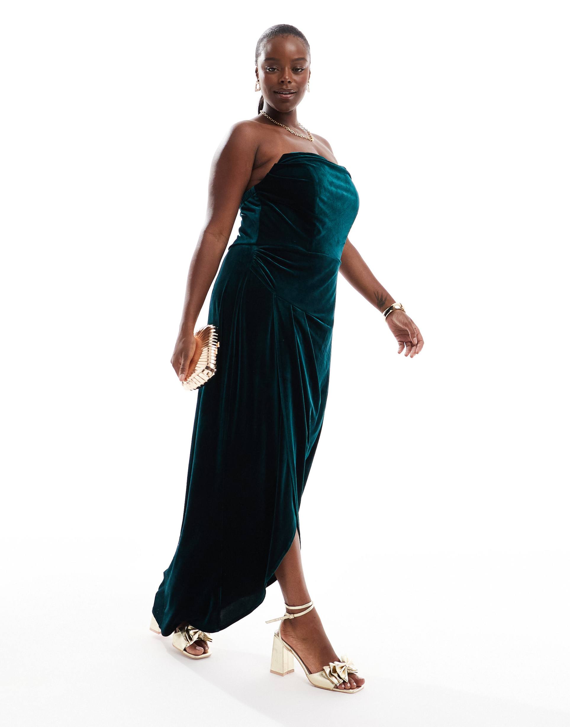 tfnc plus draped corset velvet maxi dress in emerald green