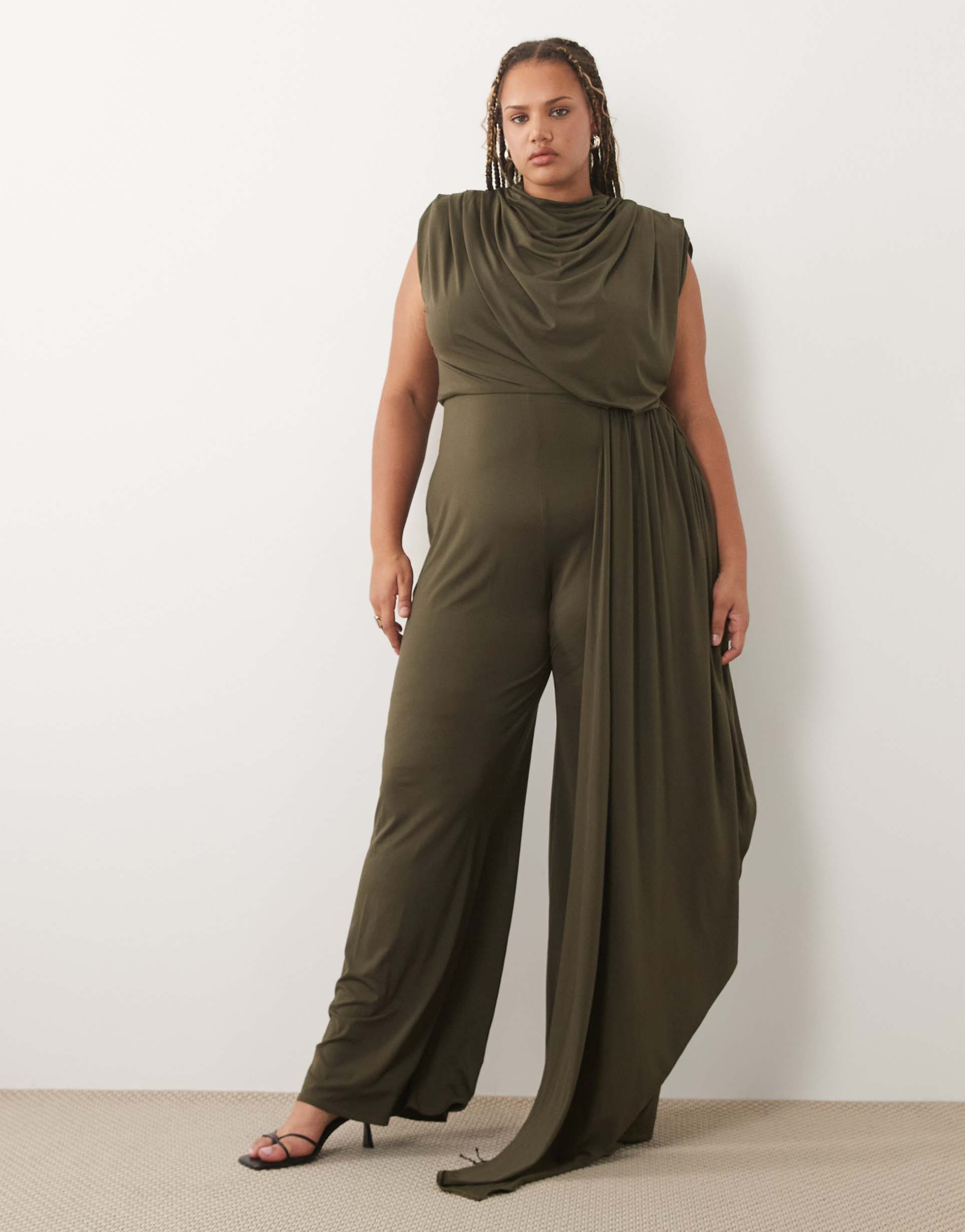 tfnc plus draped detail sash jumpsuit in khaki green
