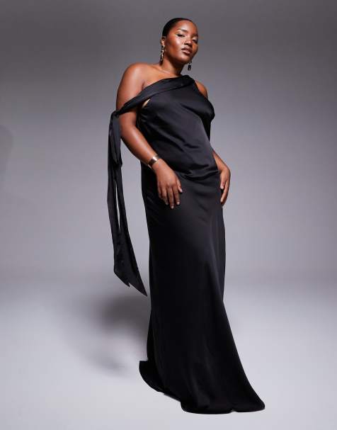 TFNC Plus fallen shoulder maxi dress with tie details in black satin  - view 1
