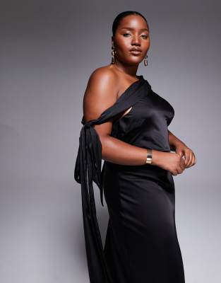 Tfnc Plus Fallen Shoulder Maxi Dress With Tie Details In Black