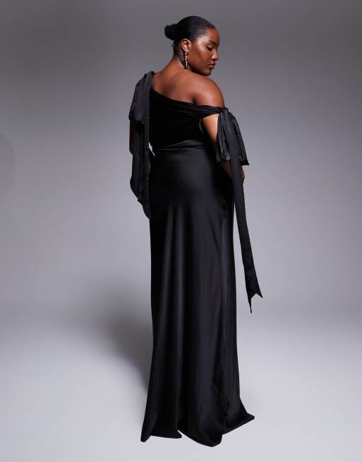 TFNC Plus fallen shoulder maxi dress with tie details in black satin , 3 of 4