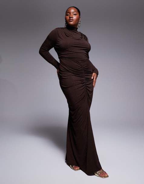 TFNC Plus high neck embelished maxi dress in chocolate - view 1