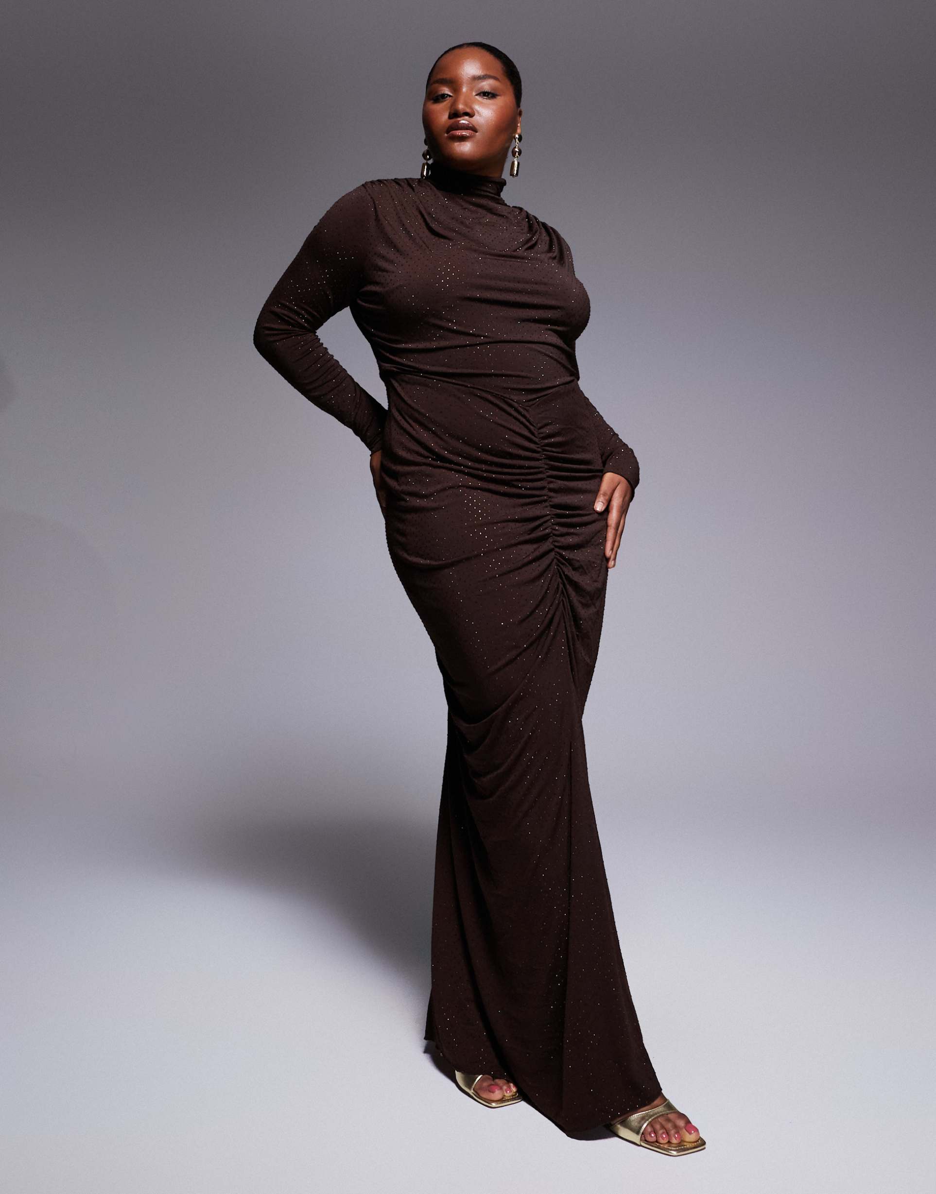 tfnc plus high neck embelished maxi dress in chocolate
