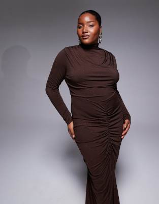 Tfnc Plus High Neck Embelished Maxi Dress In Brown