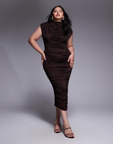 TFNC Plus high neck midi dress in chocolate - view 1