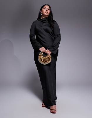TFNC Plus - Hochgeschlossenes, langärmliges Midikleid in Schwarz