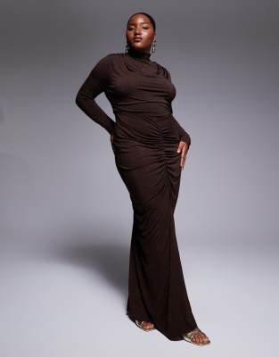 TFNC Plus - Hochgeschlossenes, verziertes Maxikleid in Schokobraun-Brown