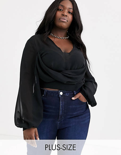 TFNC Plus knot front long sleeve wrap crop top in black | ASOS