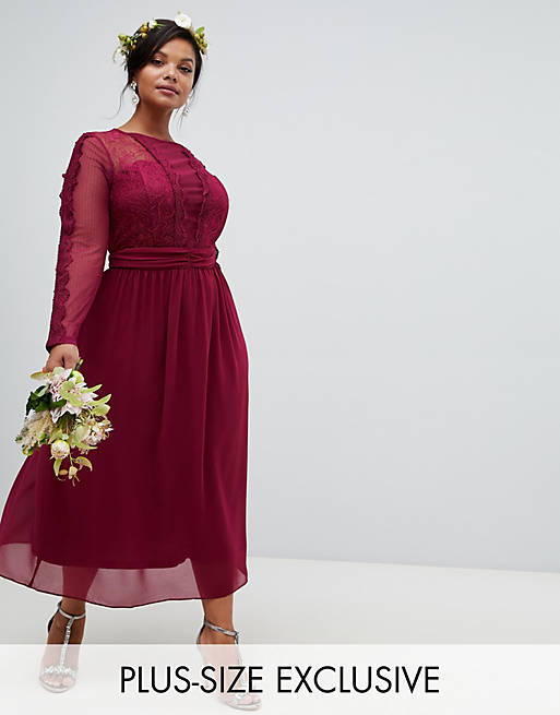 TFNC Plus lace detail bridesmaid midi dress in burgundy | ASOS