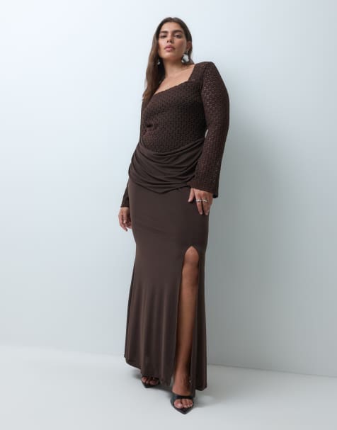 TFNC Plus lace square neck flare sleeve drape detail maxi dress in chocolate - view 1