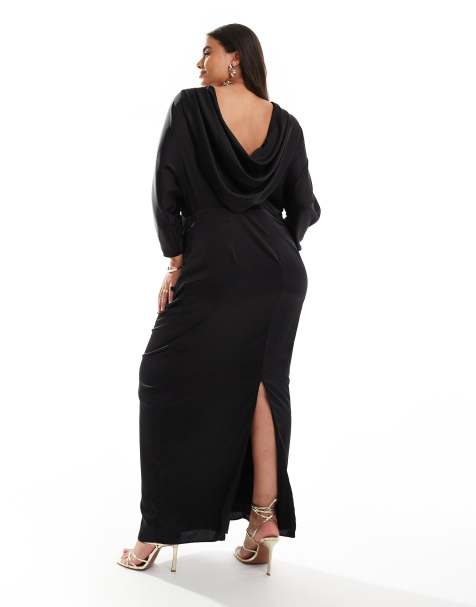 TFNC Plus – Langärmliges Satin-Maxikleid in Schwarz mit Wasserfallausschnitt am Rücken - view 1