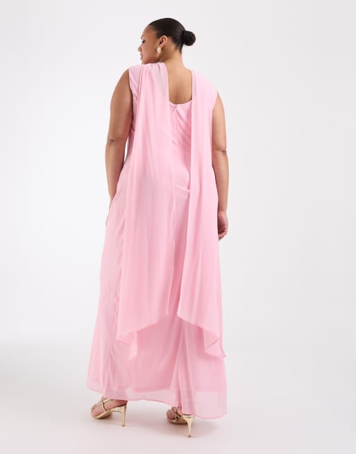 TFNC Plus - L'invitée - Robe longue à col montant en mousseline avec foulard - Rose, 3 de 4