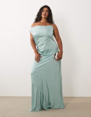 L'invitée - Robe longue asymétrique en satin - Aigue-marine-Vert 50