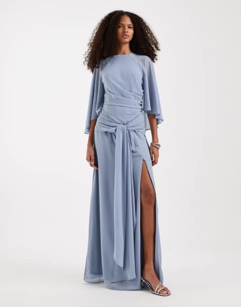 TFNC Plus - L'invitée - Robe longue en mousseline avec cape nouée à l'avant - Bleu cendré - view 1