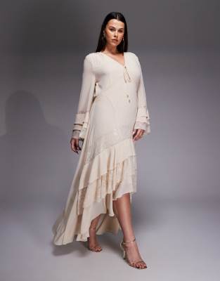 Tfnc Plus Long Sleeve Frilly Chiffon And Lace Maxi Dress In White