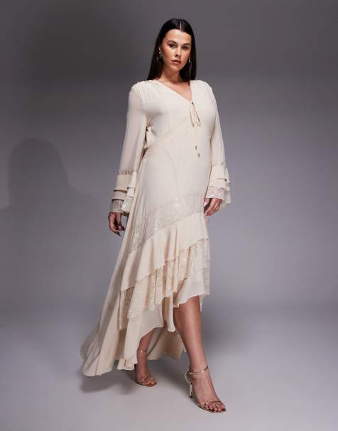 TFNC Plus long sleeve frilly chiffon and lace maxi dress in cream - view 1