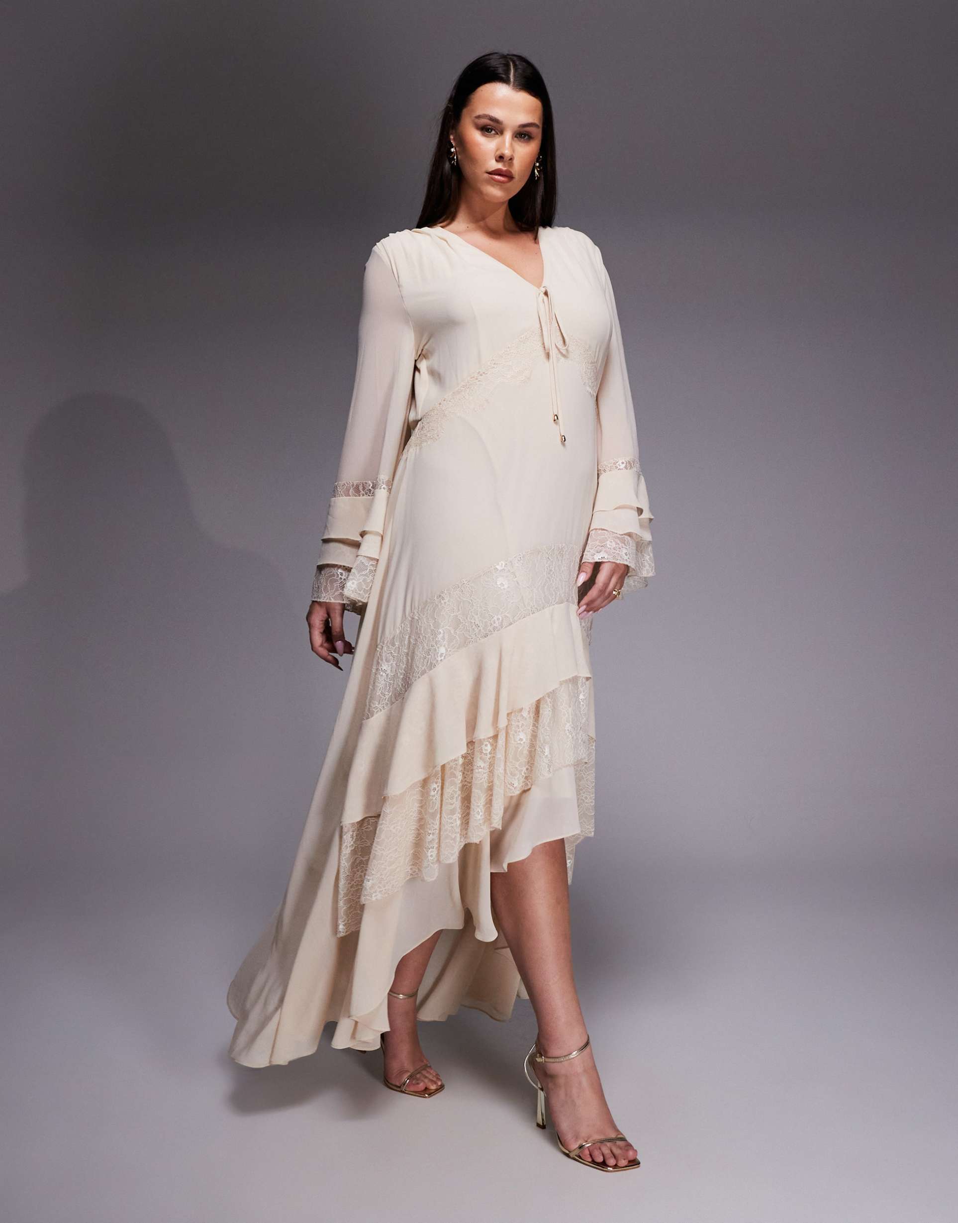 tfnc plus long sleeve frilly chiffon and lace maxi dress in cream