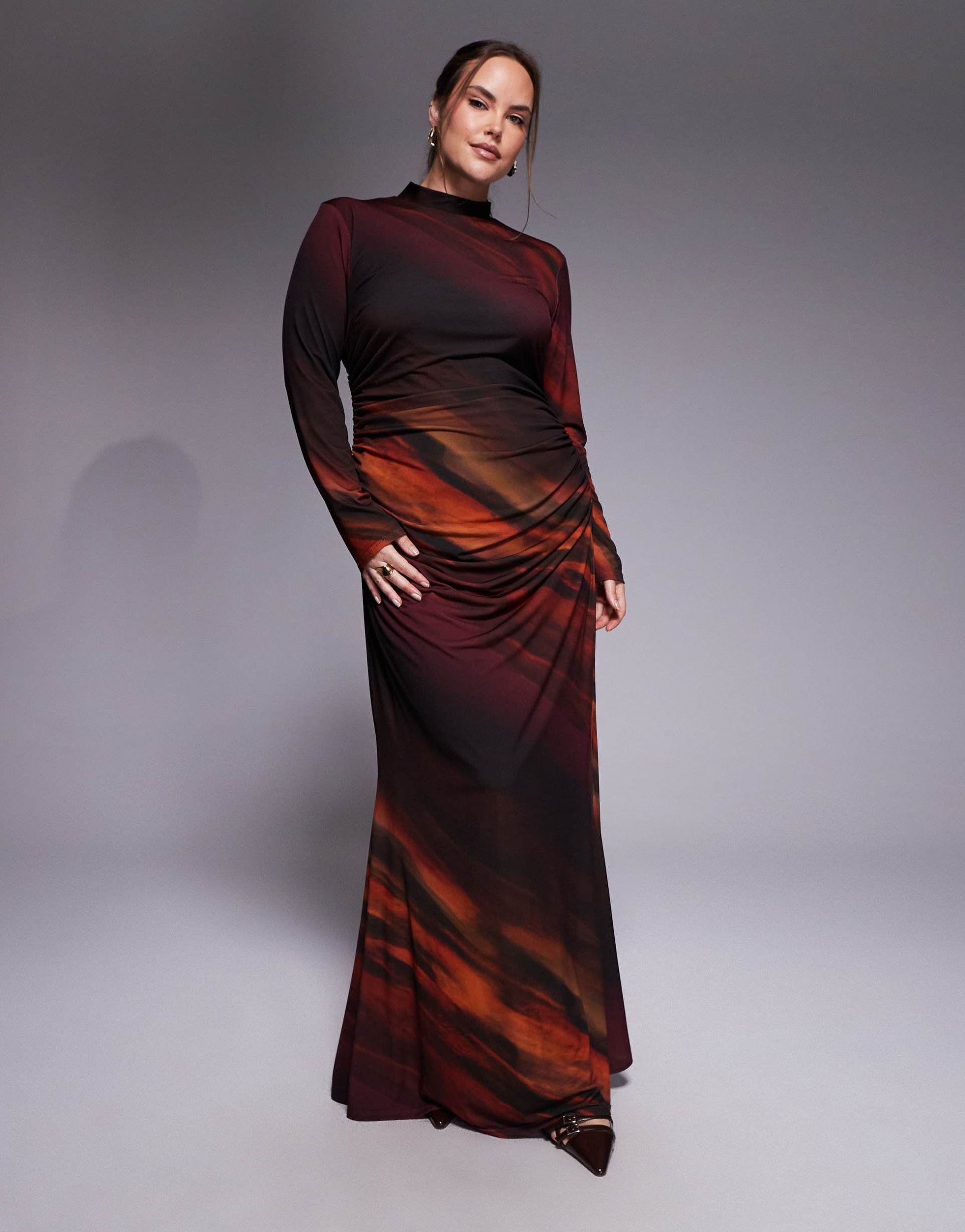 tfnc plus long sleeve maxi dress in printed mesh