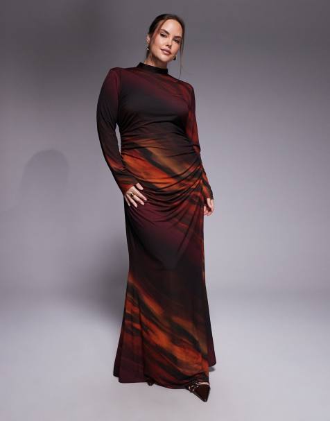 TFNC Plus long sleeve maxi dress in printed mesh - view 1