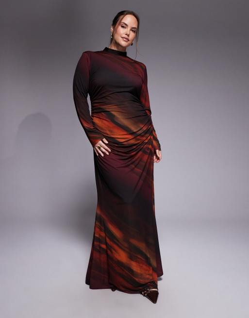 TFNC Plus long sleeve maxi dress in printed mesh
