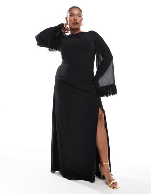 long sleeve maxi dress with faux feather cuffs in black