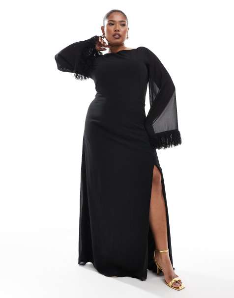 TFNC Plus long sleeve maxi dress with faux feather cuffs in black
